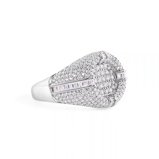 925 Sterling Silver Rhodium Plated Men's Round Recessed Top Baguette Cut Clear CZ 17.2mm Ring