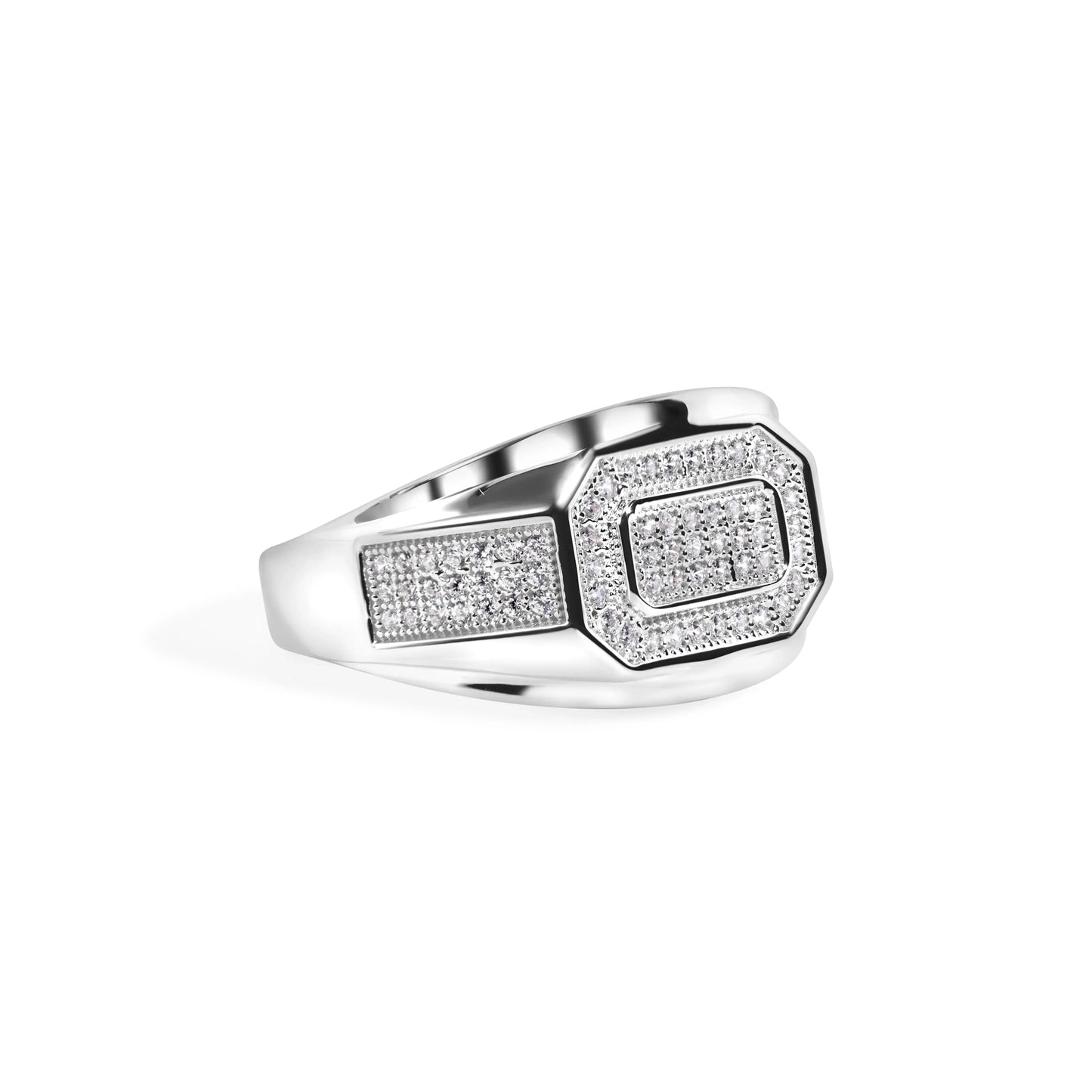 925 Sterling Silver Rhodium Plated Men's Octagon Top Round Cut Clear CZ 13.6mm Ring