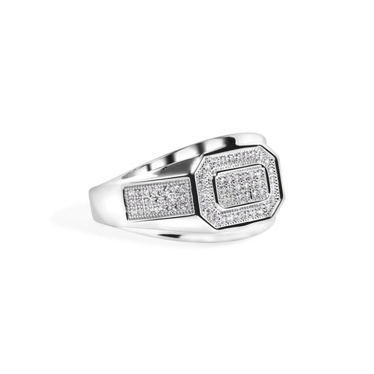 925 Sterling Silver Rhodium Plated Men's Octagon Top Round Cut Clear CZ 13.6mm Ring