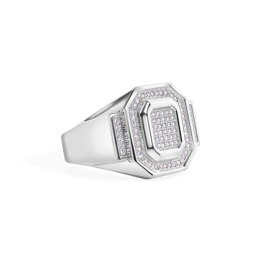 925 Sterling Silver Rhodium Plated Men's Embossed Octagon Top Round Cut Clear CZ 18.5mm Ring