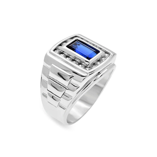 925 Sterling Silver Rhodium Plated Men's Sapphire Baguette and Clear CZ 12.1 x 15.2mm Ring