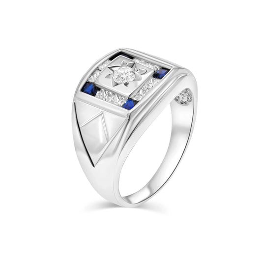 925 Sterling Silver Rhodium Plated Men's Square Sapphire and Clear CZ 12.4mm x 14.8mm Ring