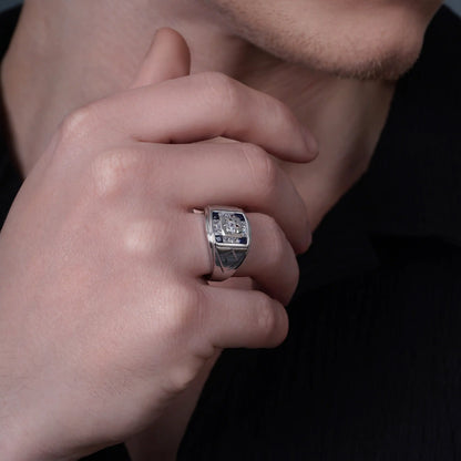 925 Sterling Silver Rhodium Plated Men's Square Sapphire and Clear CZ 12.4mm x 14.8mm Ring