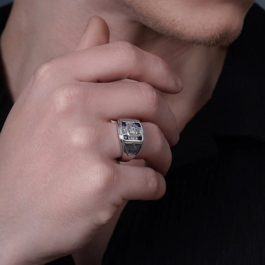 925 Sterling Silver Rhodium Plated Men's Square Sapphire and Clear CZ 12.4mm x 14.8mm Ring
