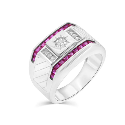 925 Sterling Silver Rhodium Plated Men's Rectangle Sun Ruby and Clear CZ 13.7mm x 14.5mm Ring