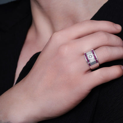 925 Sterling Silver Rhodium Plated Men's Rectangle Sun Ruby and Clear CZ 13.7mm x 14.5mm Ring