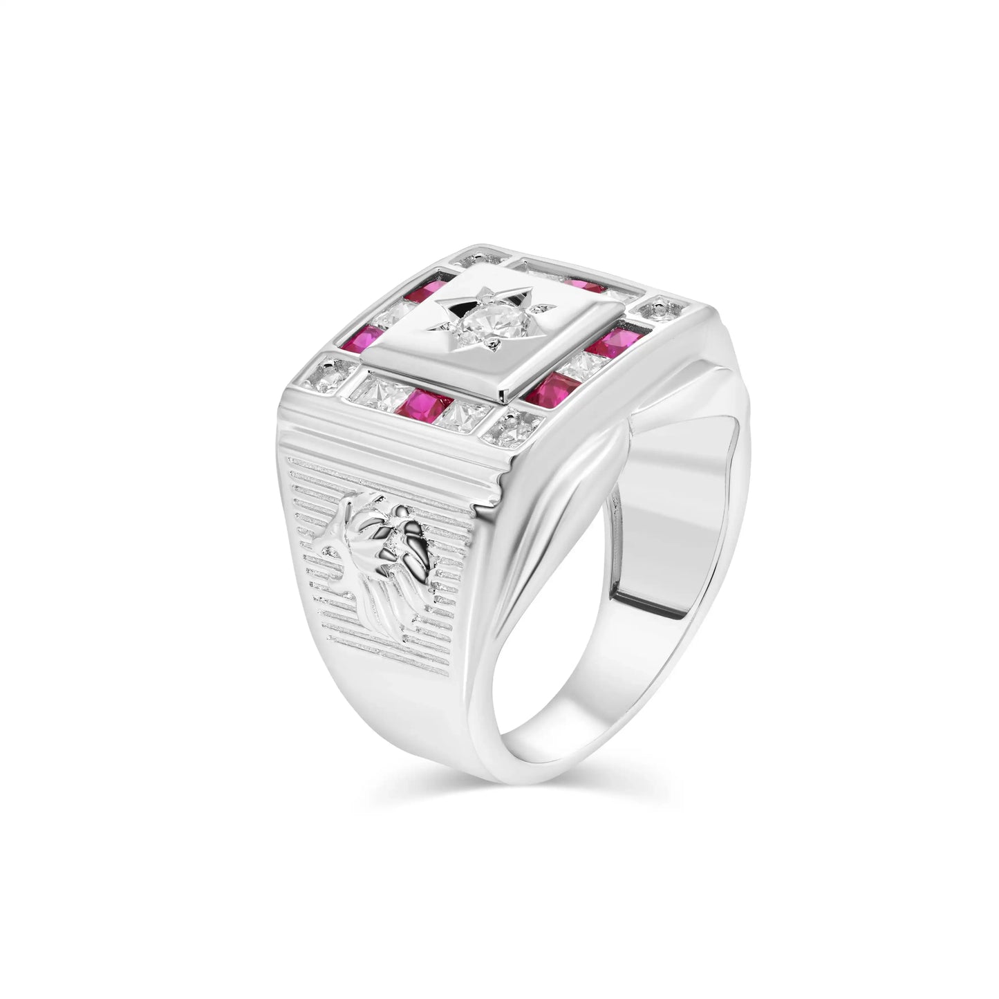 925 Sterling Silver Rhodium Plated Men's Square Lion Sun Ruby and Clear CZ 16mm x 15.5mm Ring