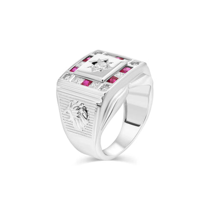 925 Sterling Silver Rhodium Plated Men's Square Lion Sun Ruby and Clear CZ 16mm x 15.5mm Ring