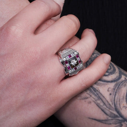 925 Sterling Silver Rhodium Plated Men's Square Lion Sun Ruby and Clear CZ 16mm x 15.5mm Ring