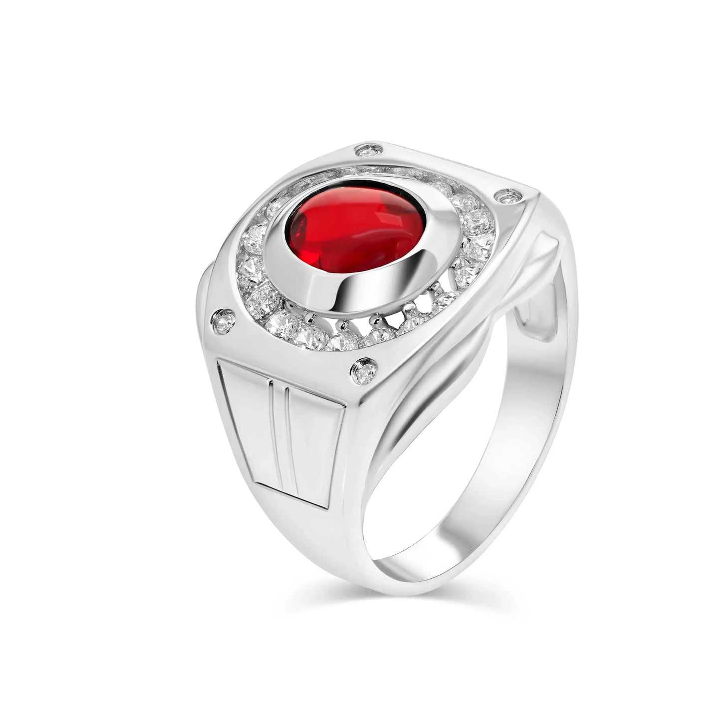 925 Sterling Silver Rhodium Plated Men's Round Top Ruby and Clear CZ 16.6mm x 16.6mm Ring