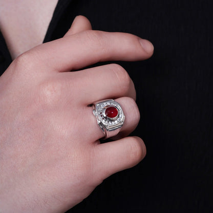 925 Sterling Silver Rhodium Plated Men's Round Top Ruby and Clear CZ 16.6mm x 16.6mm Ring