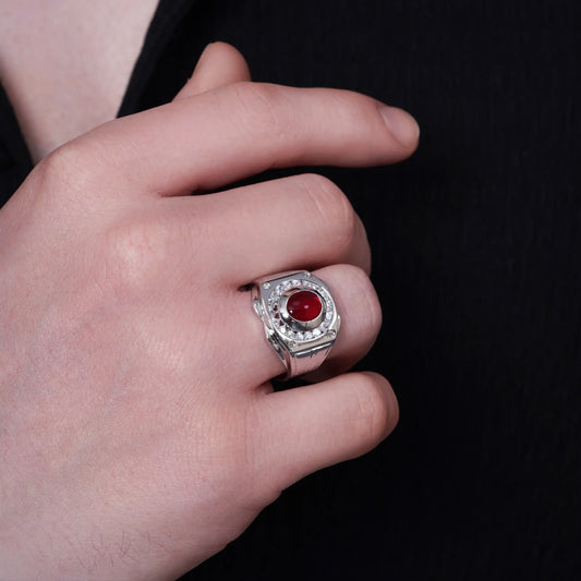 925 Sterling Silver Rhodium Plated Men's Round Top Ruby and Clear CZ 16.6mm x 16.6mm Ring