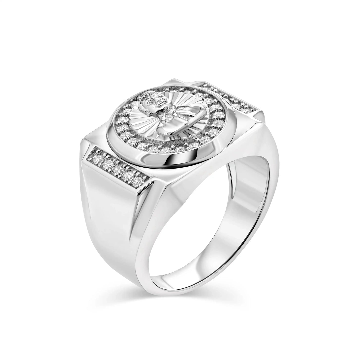 925 Sterling Silver Rhodium Plated Men's Malverde Clear CZ 21.2mm x 16.7mm Ring