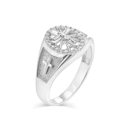 925 Sterling Silver Rhodium Plated Men's Cross Crucifix Clear CZ 12.5mm Ring
