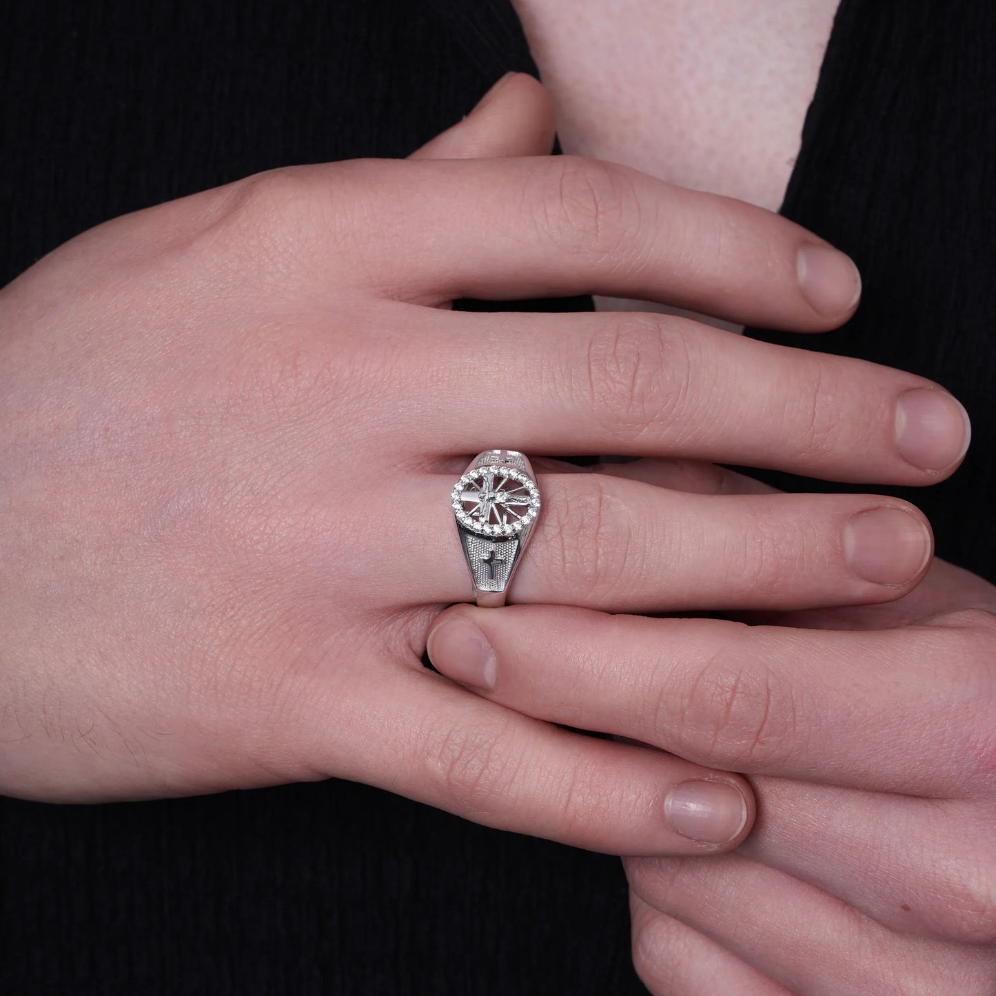 925 Sterling Silver Rhodium Plated Men's Cross Crucifix Clear CZ 12.5mm Ring