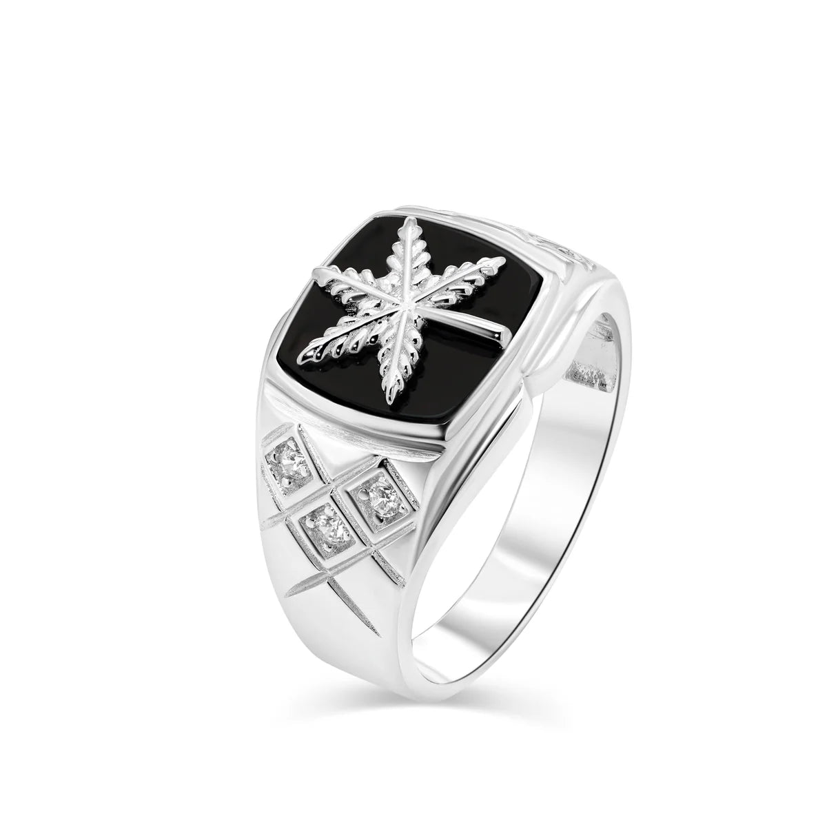 925 Sterling Silver Rhodium Plated Men's Moissanite or CZ Cannabis Black Onyx Ring