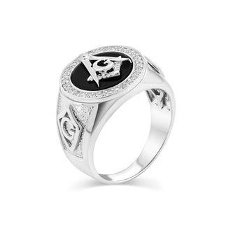 925 Sterling Silver Rhodium Plated Men's Round Masonic Black Onyx Clear CZ 16.9mm Ring