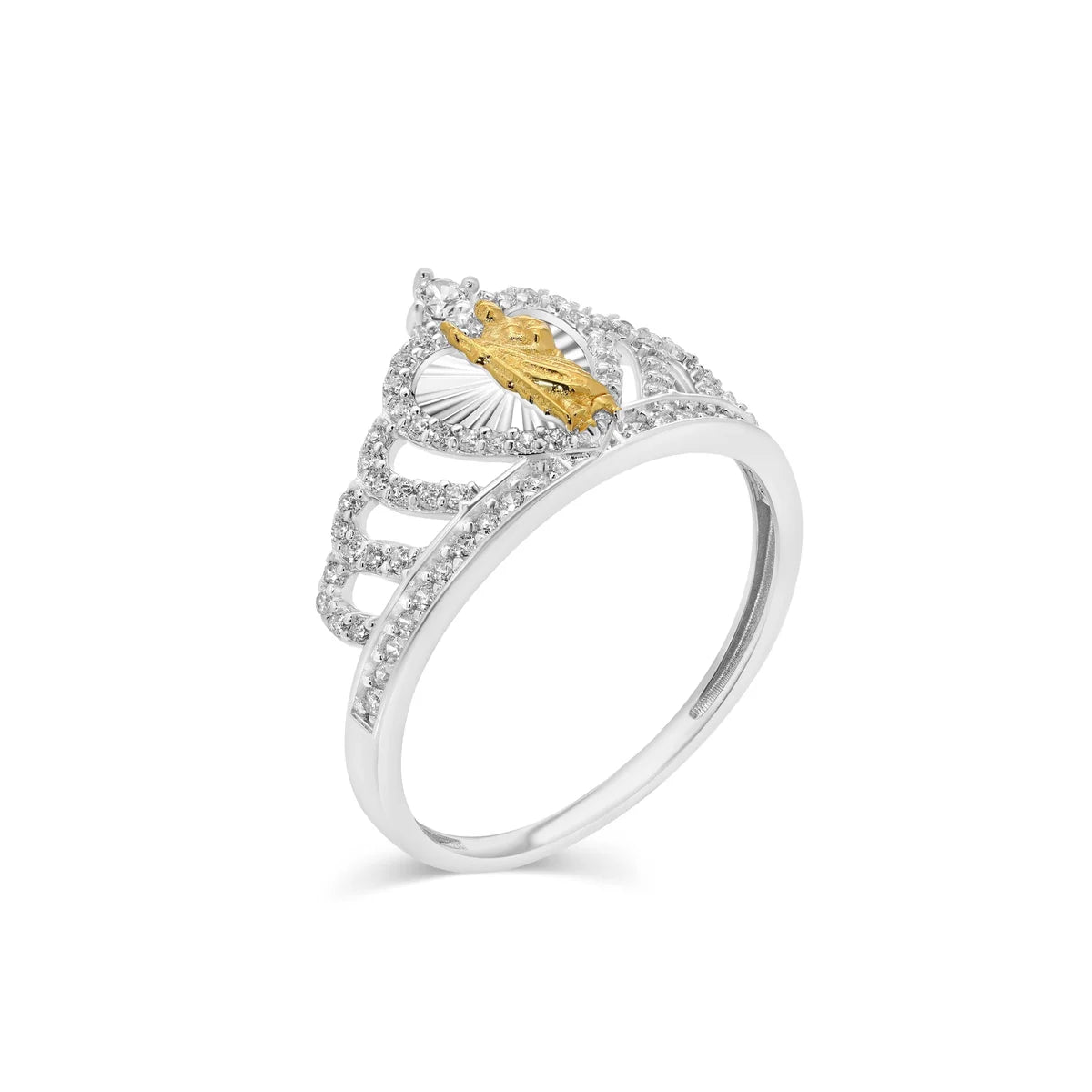 925 Sterling Silver Two-Tone Plated Saint Jude Crown Heart in CZ or Moissanite Stone Ring