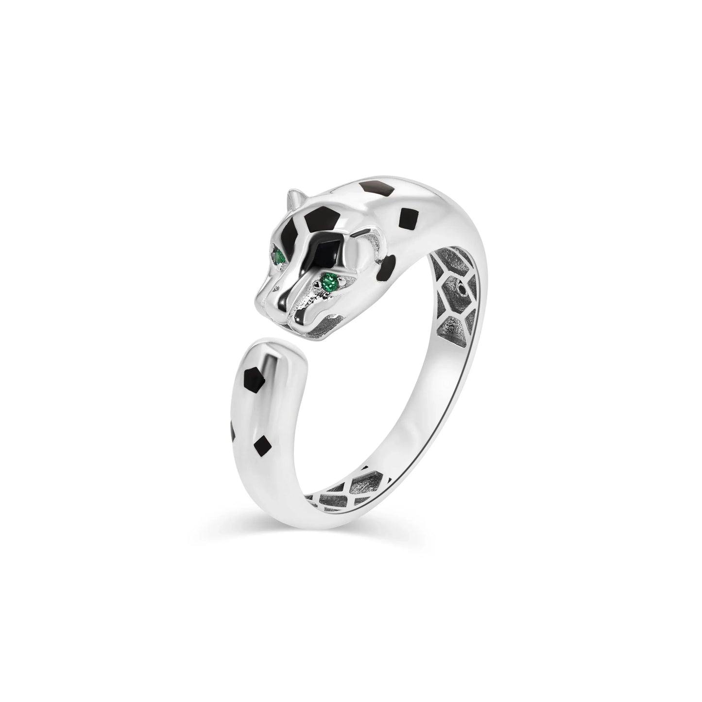 925 Sterling Silver Rhodium Plated Panther Emerald Green CZ Eye Black Enamel Ring