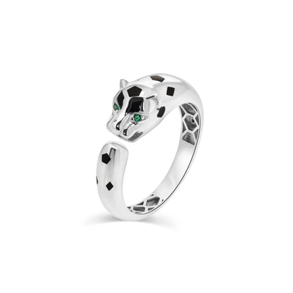 925 Sterling Silver Rhodium Plated Panther Emerald Green CZ Eye Black Enamel Ring