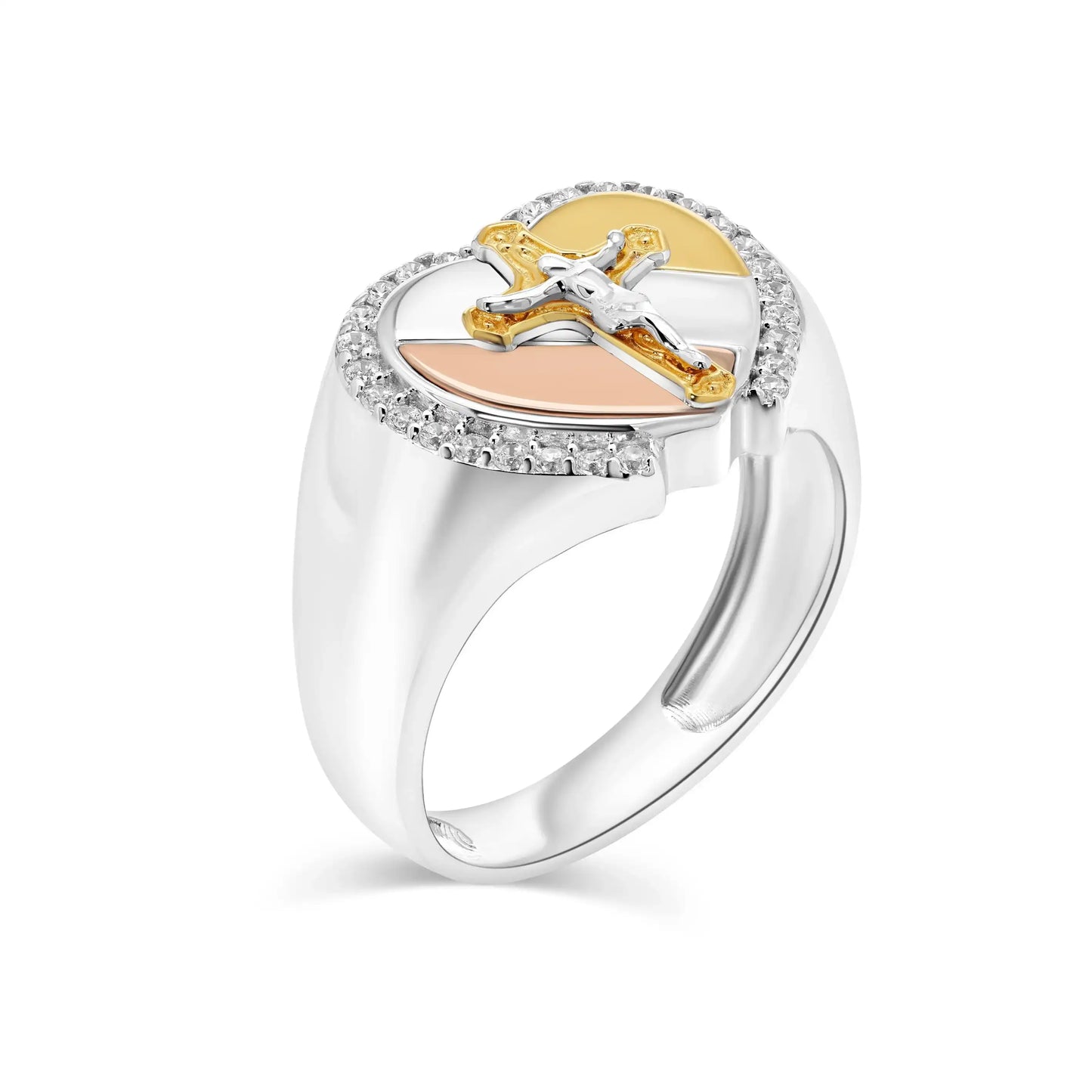 925 Sterling Silver Three-Tone Plated Crucifix Cross Heart 12.3mm x 14.8mm Clear CZ Ring