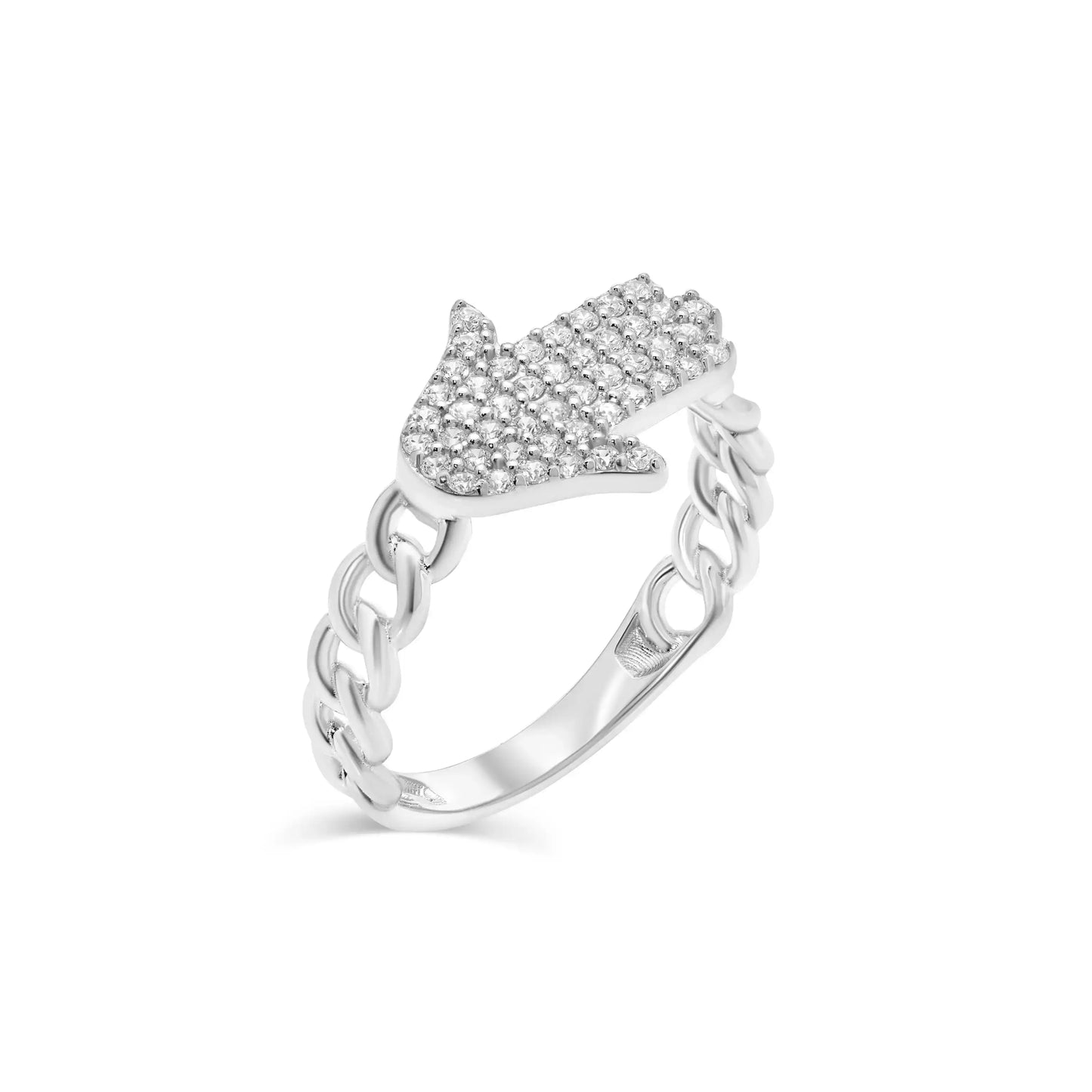 925 Sterling Silver Rhodium Plated Hamsa 10.6mm x 13.4mm Clear CZ Ring