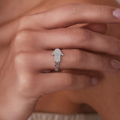 925 Sterling Silver Rhodium Plated Moissanite or CZ Hamsa Ring