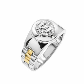 925 Sterling Silver Two-Tone Plated Men's Diamond Cut Dollar Sign Watch Band Style Ring