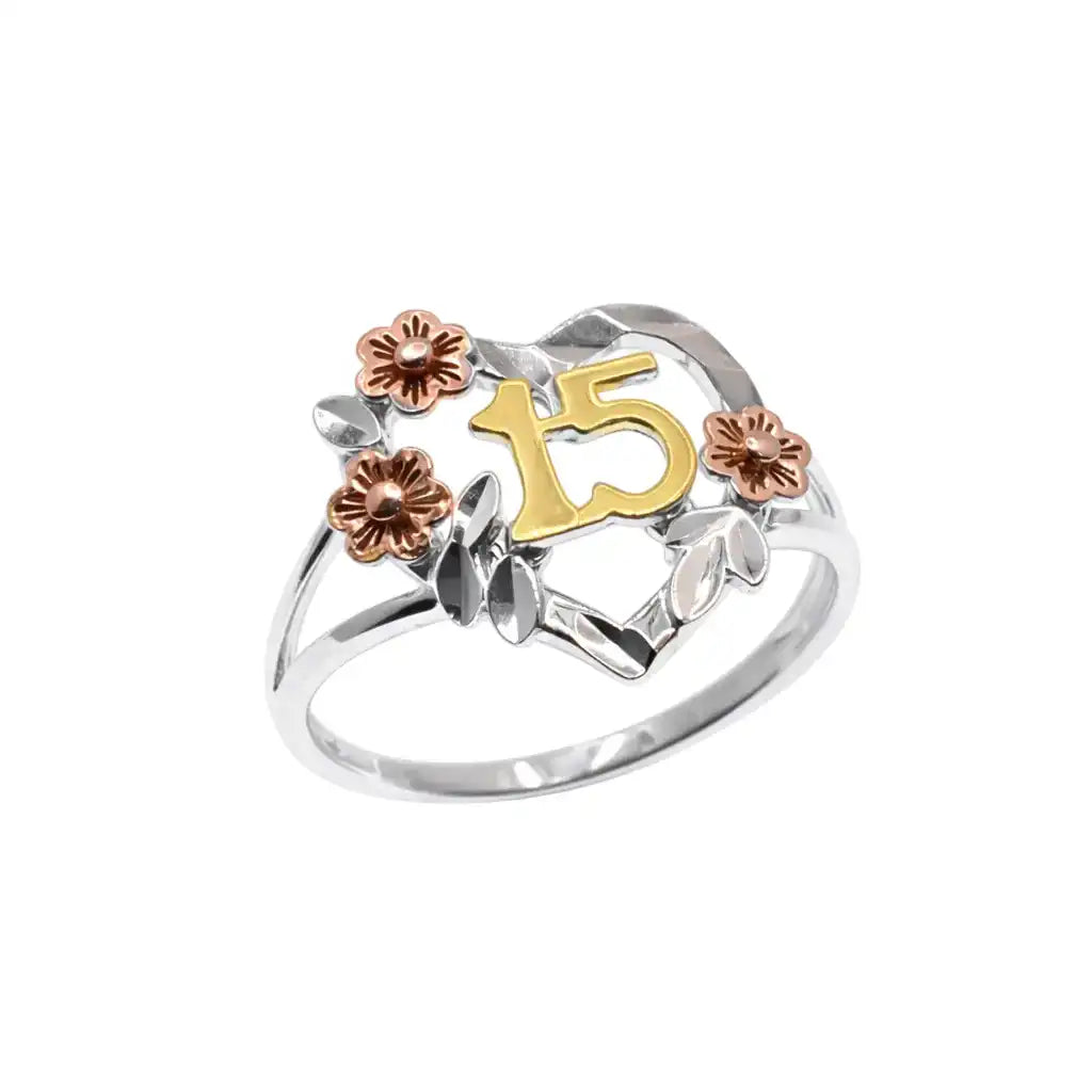 925 Sterling Silver Three-Tone Plated Quinceañera Heart Flower Accents Ring