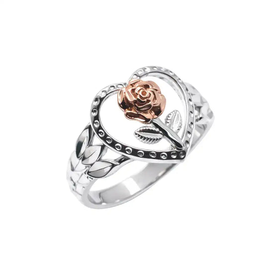925 Sterling Silver Two-Tone Rose Inside Beaded Heart Ring