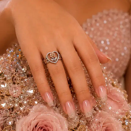 925 Sterling Silver Two-Tone Rose Inside Beaded Heart Ring
