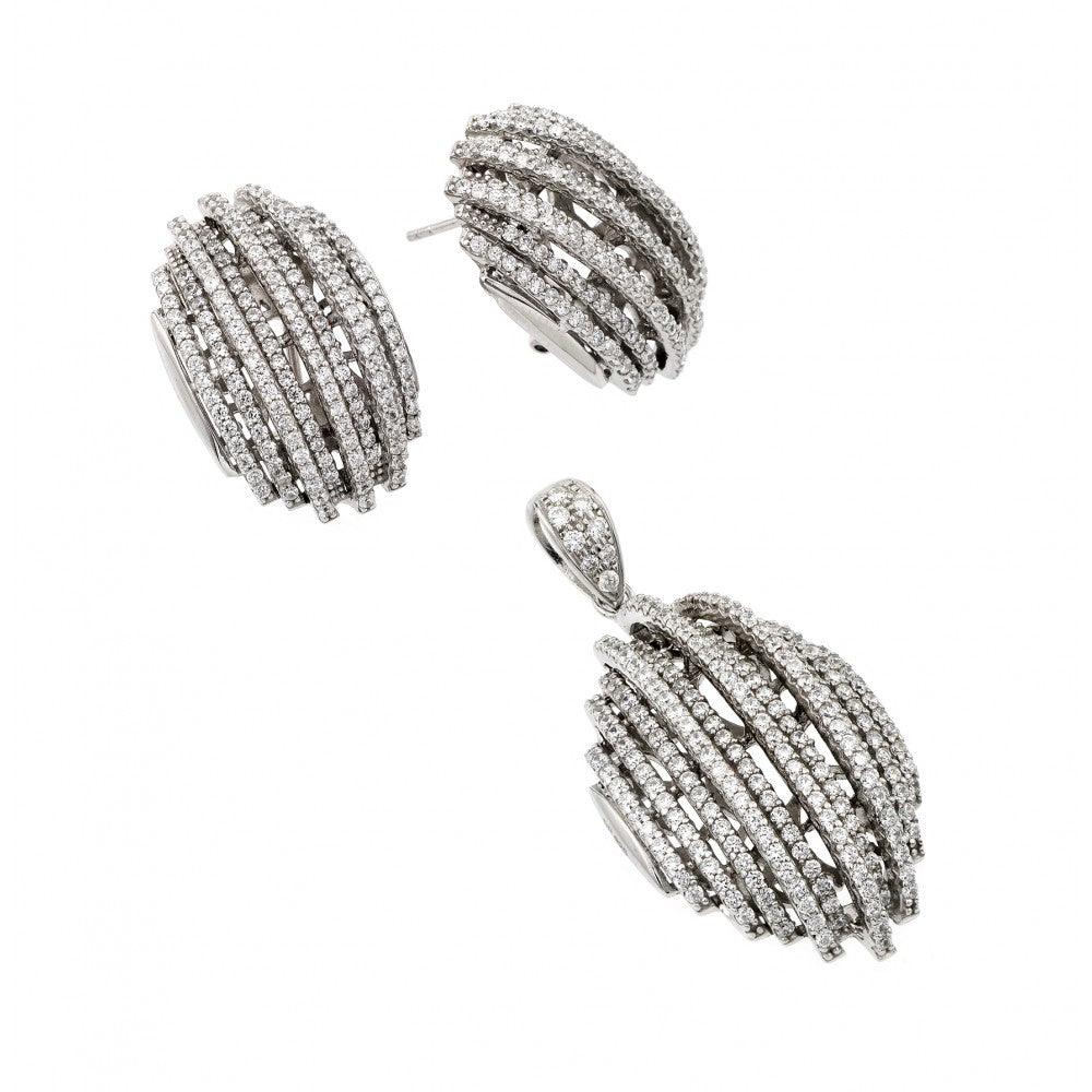 925 Silver Rhodium Plated Clear Puffed Button CZ Stud Earring and Dangling Necklace Set