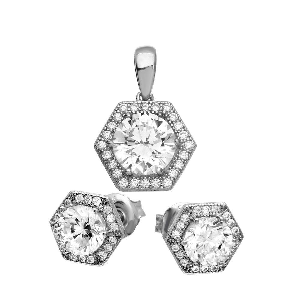 925 Sterling Silver Rhodium Plated 6 Sized Halo Pendant and Earrings Set