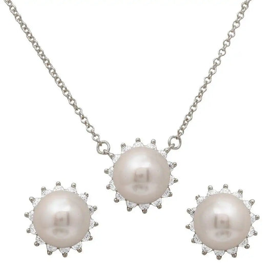 925 Sterling Silver Rhodium Plated CZ Halo Fresh Water Center Pearl Set