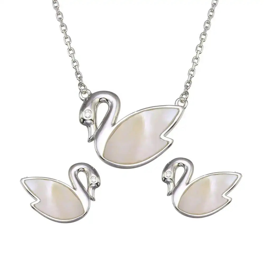 925 Sterling Silver Rhodium Plated Synthetic Mother of Pearl Swan Set