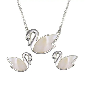 925 Sterling Silver Rhodium Plated Synthetic Mother of Pearl Swan Set