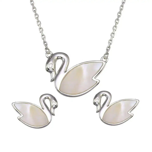 925 Sterling Silver Rhodium Plated Synthetic Mother of Pearl Swan Set