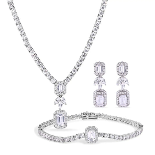 925 Sterling Silver Rhodium Plated Baguette Center Stone Clear CZ Tennis 2.6mm Necklace Bracelet and Dangling Earring Bridal Set