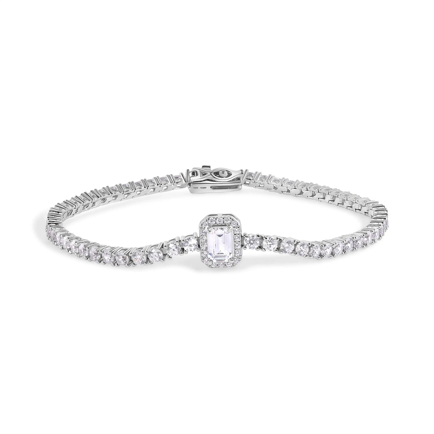 925 Sterling Silver Rhodium Plated Baguette Center Stone Clear CZ Tennis 2.6mm Necklace Bracelet and Dangling Earring Bridal Set