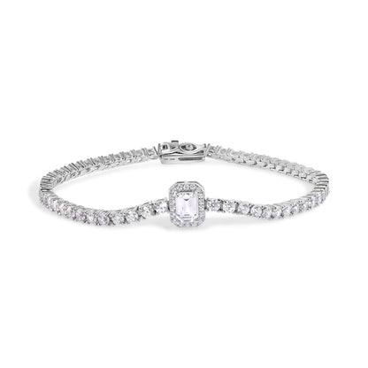 925 Sterling Silver Rhodium Plated Baguette Center Stone Clear CZ Tennis 2.6mm Necklace Bracelet and Dangling Earring Bridal Set