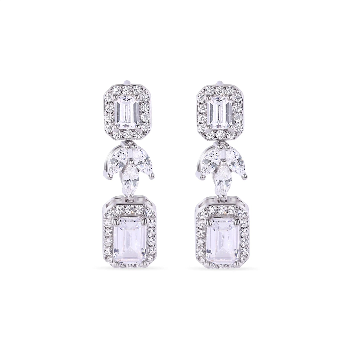 925 Sterling Silver Rhodium Plated Baguette Center Stone Clear CZ Tennis 2.6mm Necklace Bracelet and Dangling Earring Bridal Set