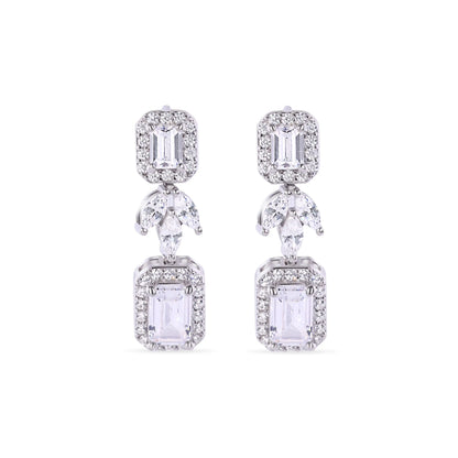 925 Sterling Silver Rhodium Plated Baguette Center Stone Clear CZ Tennis 2.6mm Necklace Bracelet and Dangling Earring Bridal Set