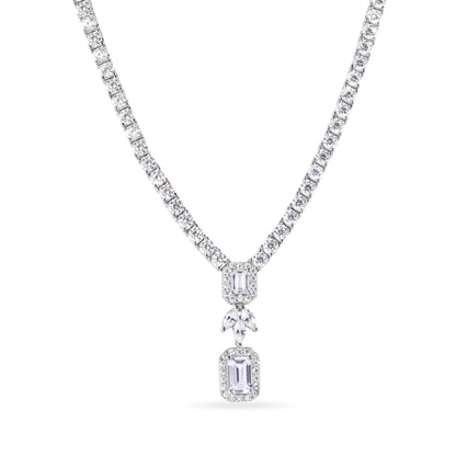 925 Sterling Silver Rhodium Plated Baguette Center Stone Clear CZ Tennis 2.6mm Necklace Bracelet and Dangling Earring Bridal Set