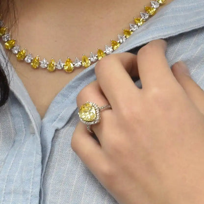 925 Sterling Silver Rhodium Plated Yellow Center Clear Cluster CZ Ring
