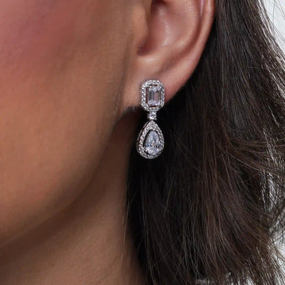925 Sterling Silver Rhodium Plated Pear Cut Center Stone Clear CZ Tennis 2.6mm Necklace Bracelet and Dangling Earring Set