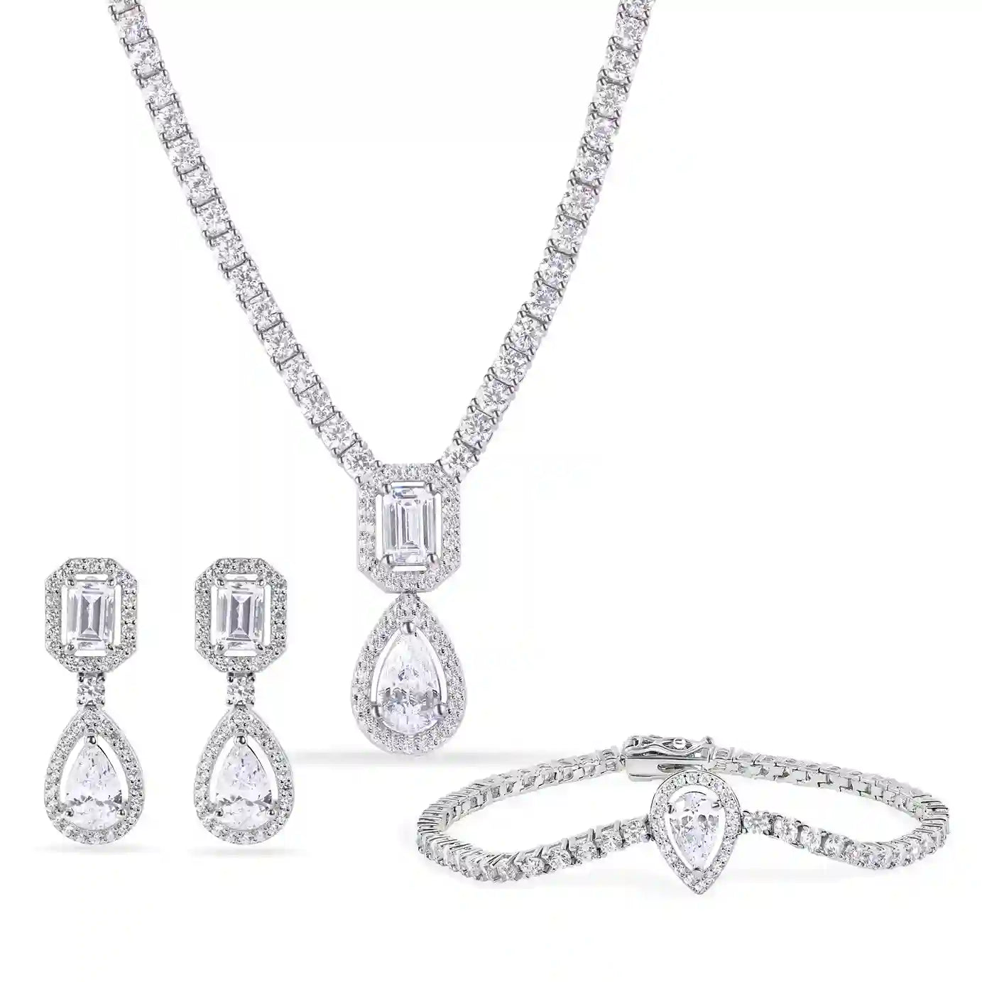 925 Sterling Silver Rhodium Plated Pear Cut Center Stone Clear CZ Tennis 2.6mm Necklace Bracelet and Dangling Earring Set