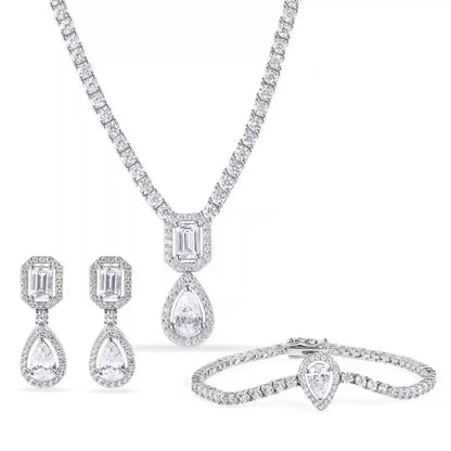 925 Sterling Silver Rhodium Plated Pear Cut Center Stone Clear CZ Tennis 2.6mm Necklace Bracelet and Dangling Earring Set
