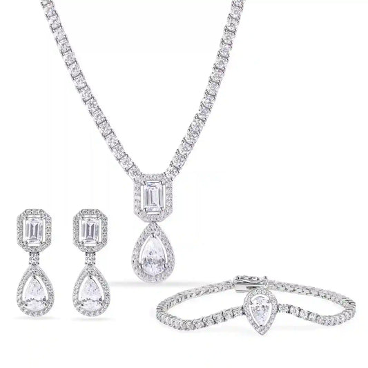 925 Sterling Silver Rhodium Plated Pear Cut Center Stone Clear CZ Tennis 2.6mm Necklace Bracelet and Dangling Earring Set