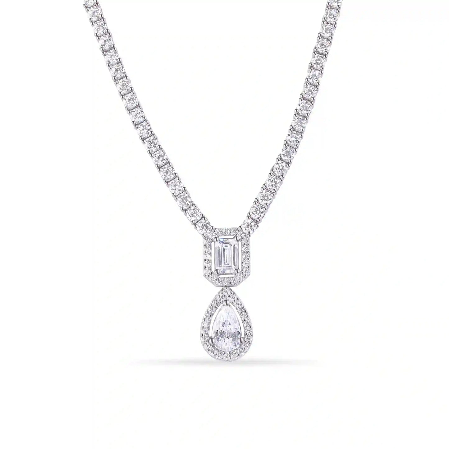 925 Sterling Silver Rhodium Plated Pear Cut Center Stone Clear CZ Tennis 2.6mm Necklace Bracelet and Dangling Earring Set