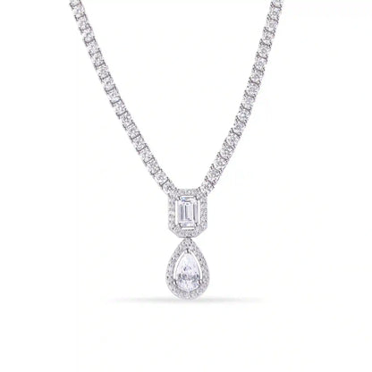 925 Sterling Silver Rhodium Plated Pear Cut Center Stone Clear CZ Tennis 2.6mm Necklace Bracelet and Dangling Earring Set